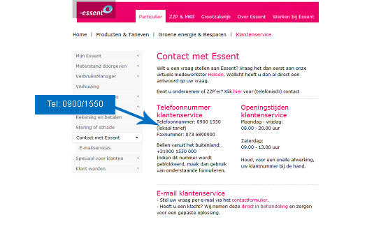 Essent.nl contact met via telefoon?
